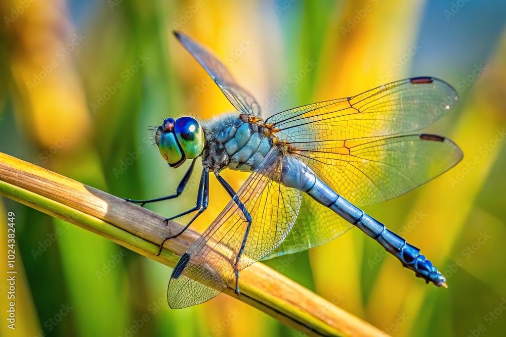 Blue Dasher Dragonfly clinging to a phragmite in wide-angle view Blue Dasher Dragonfly clinging to a phragmite in wide-angle view