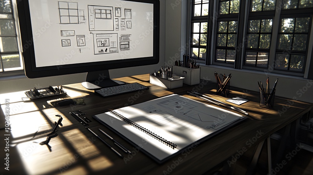 A workspace with a computer, a notebook, and pencils on a desk with sun shining in through a window. A workspace with a computer, a notebook, and pencils on a desk with sun shining in through a window.