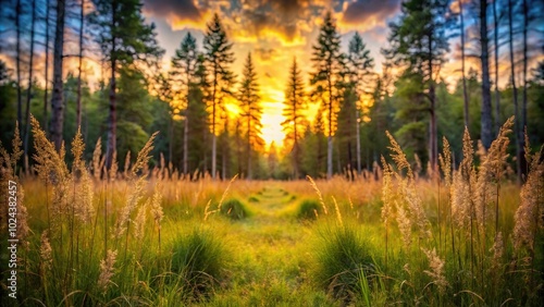 Symmetrical wild grass in forest at sunset creating a serene nature backdrop