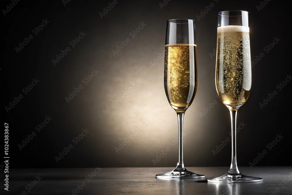 Tall and slender Champagne flute with one empty and one filled with bubbles Tall and slender Champagne flute with one empty and one filled with bubbles