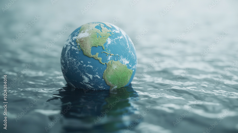 image depicts globe floating on water, symbolizing Earths delicate balance and impact of climate change. This visual evokes sense of urgency regarding global warming and environmental awareness image depicts globe floating on water, symbolizing Earths delicate balance and impact of climate change. This visual evokes sense of urgency regarding global warming and environmental awareness