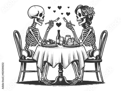 skeleton couple having a romantic dinner, seated at a table with hearts floating, blending love, humor, and macabre elements sketch engraving generative ai vector illustration. Black and white image.