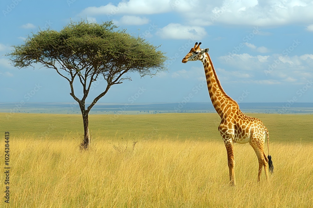 Fototapeta premium a peaceful scene of a giraffe stretching its long neck to reach the leaves of a tall acacia tree. the vast savannah stretches out in the background.