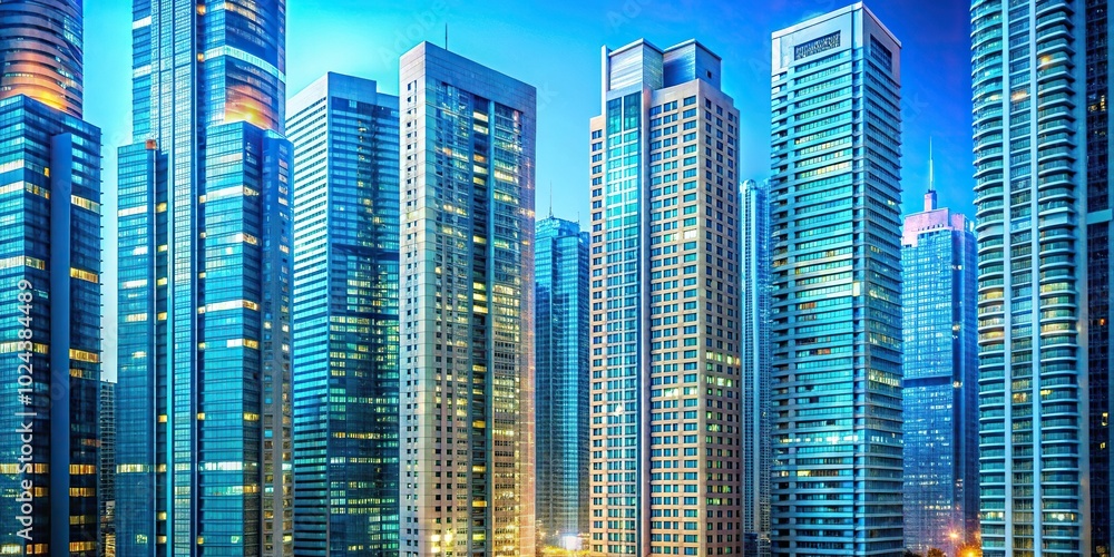 Tall buildings covered with glowing lights in light blue hues Tall buildings covered with glowing lights in light blue hues