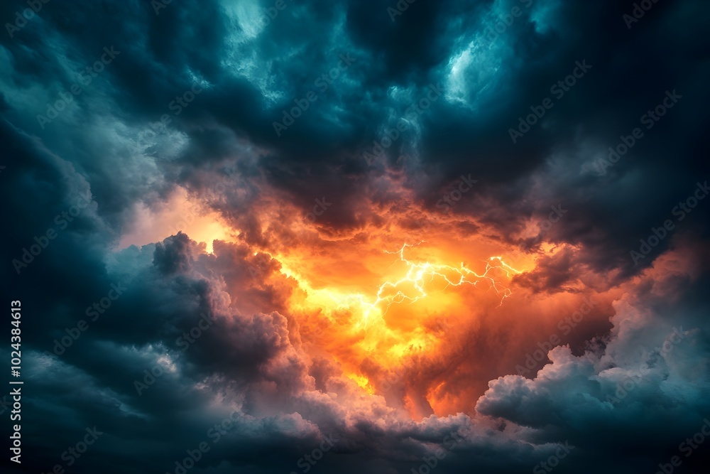 Dramatic Stormy Sky with Dark Clouds Lightning and Sunlight Peeking Through Dramatic Stormy Sky with Dark Clouds Lightning and Sunlight Peeking Through