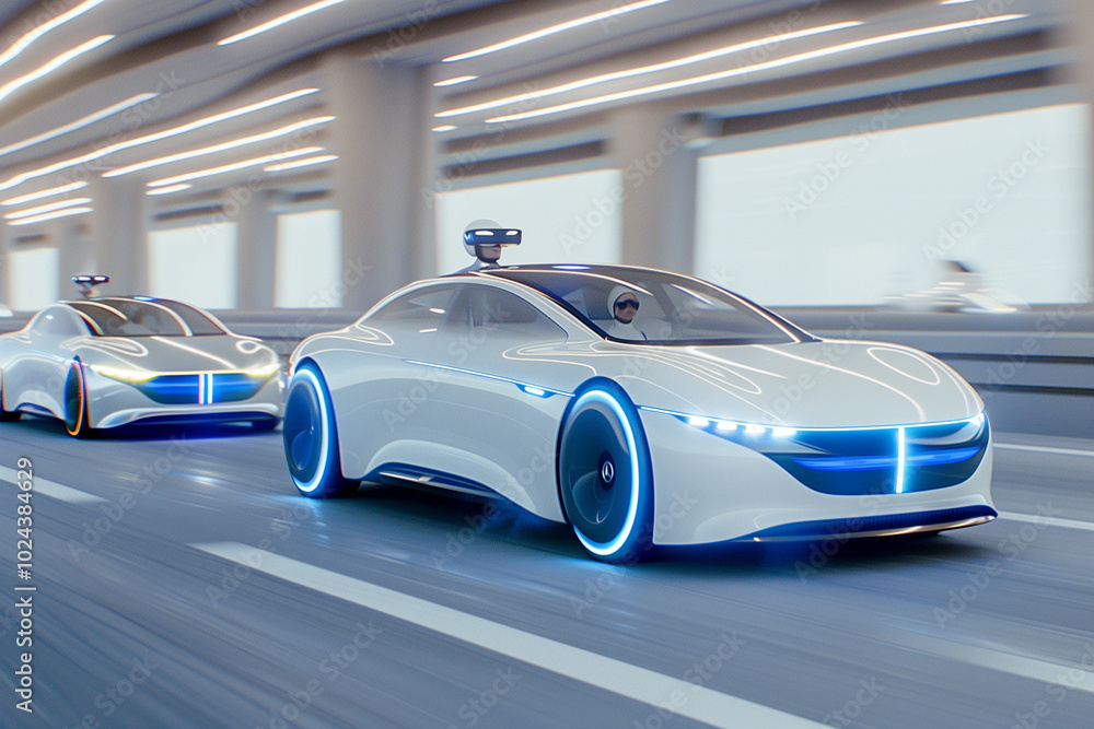 Futuristic Autonomous Electric Cars Speeding on Highway