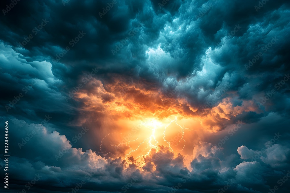 Dramatic Stormy Sky with Dark Clouds and Lightning Sun Peeking Through as Weather Background Dramatic Stormy Sky with Dark Clouds and Lightning Sun Peeking Through as Weather Background