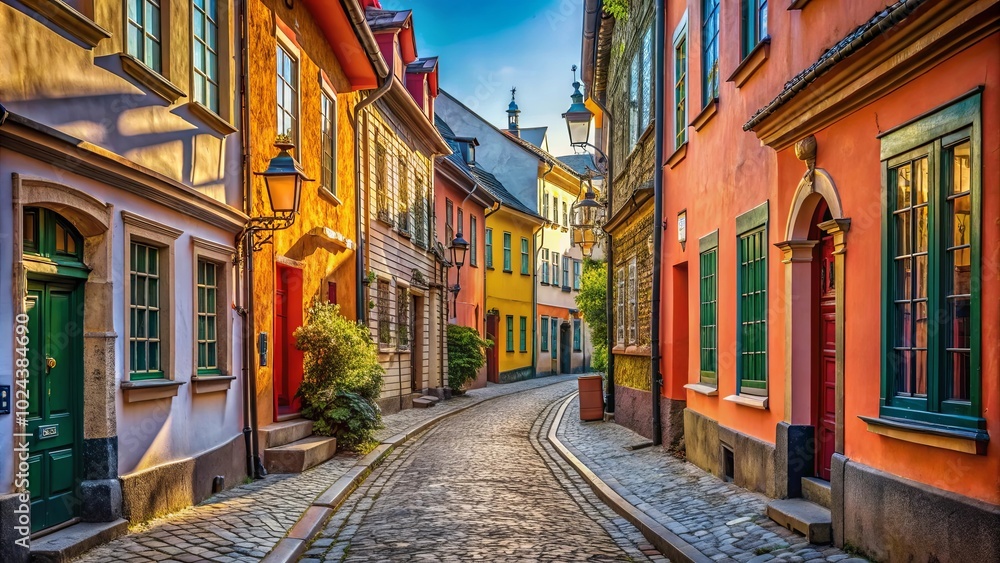 Obraz premium A winding cobblestone street lined with colorful buildings and ornate doorways, bathed in warm sunlight and inviting a leisurely stroll