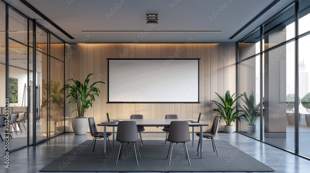 Business event in conference hall meeting room Seminar room indoor style Minimalist sized medium room big screen Frame Mockup chair grey wall background big window Business event in conference hall meeting room Seminar room indoor style Minimalist sized medium room big screen Frame Mockup chair grey wall background big window