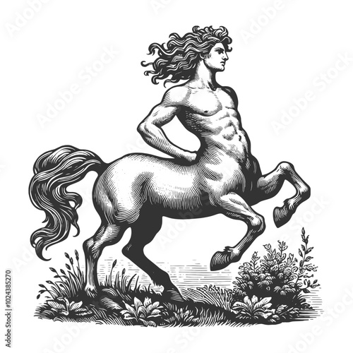 powerful centaur rearing on hind legs, set in a natural landscape, strength, mythology, and fantasy sketch engraving generative ai vector illustration. Scratch board imitation. Black and white image.