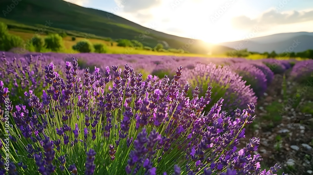 Obraz premium Picturesque field of lush vibrant lavender flowers swaying gracefully in the soft calming breeze on a serene sunny day in the countryside This tranquil