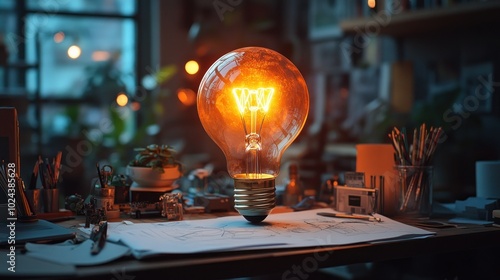 A glowing light bulb on a cluttered desk with a window in the background.