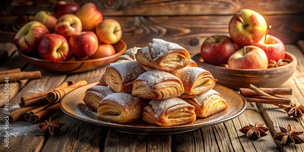 A Rustic Arrangement of Powdered Pastry, Cinnamon Sticks, and Star Anise on a Wooden Surface A Rustic Arrangement of Powdered Pastry, Cinnamon Sticks, and Star Anise on a Wooden Surface