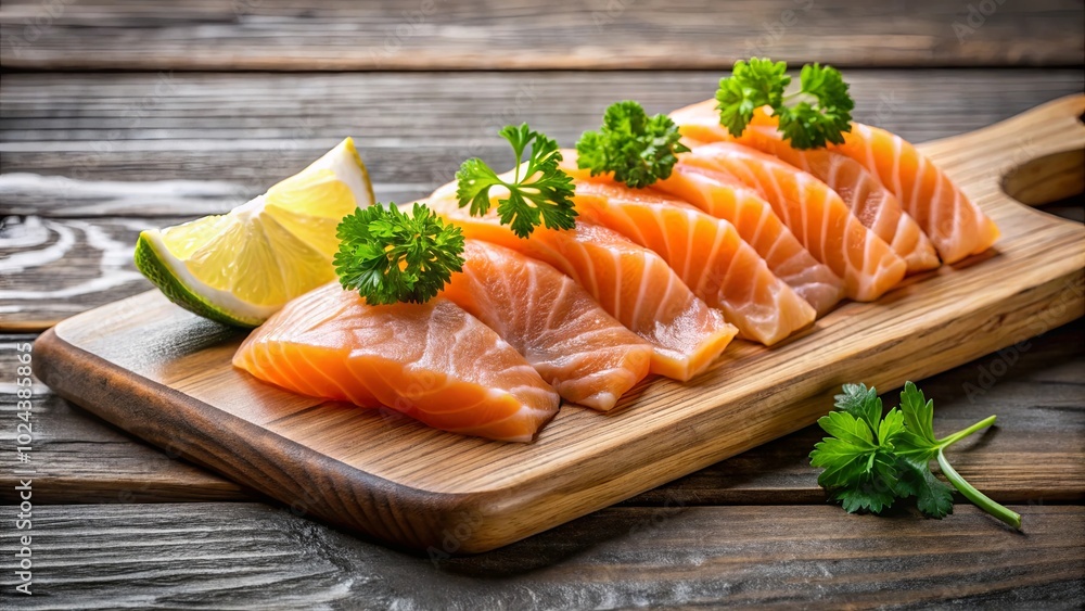 Fresh Raw Salmon Slices on Rustic Wooden Board with Garnish of Green Parsley and Lime Wedge Fresh Raw Salmon Slices on Rustic Wooden Board with Garnish of Green Parsley and Lime Wedge