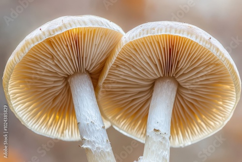 Two mushrooms with light brown caps and white stems. The gills of the mushrooms are visible