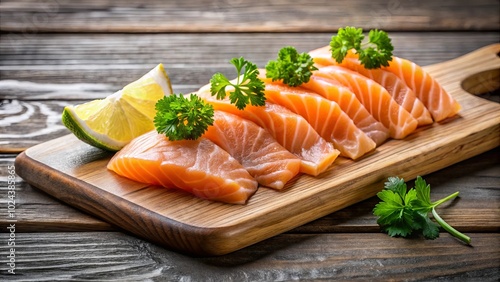 Fresh Raw Salmon Slices on Rustic Wooden Board with Garnish of Green Parsley and Lime Wedge