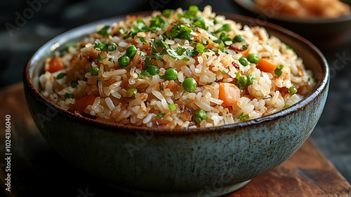 A bowl of fried rice with peas, carrots, and green onions.