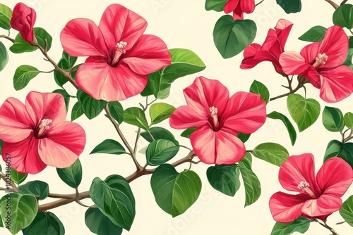 Vibrant pink hibiscus flower with lush green leaves