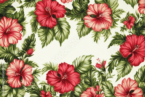 Vibrant red hibiscus green leaves pattern