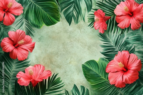 Tropical frame with red hibiscus green palm leaves