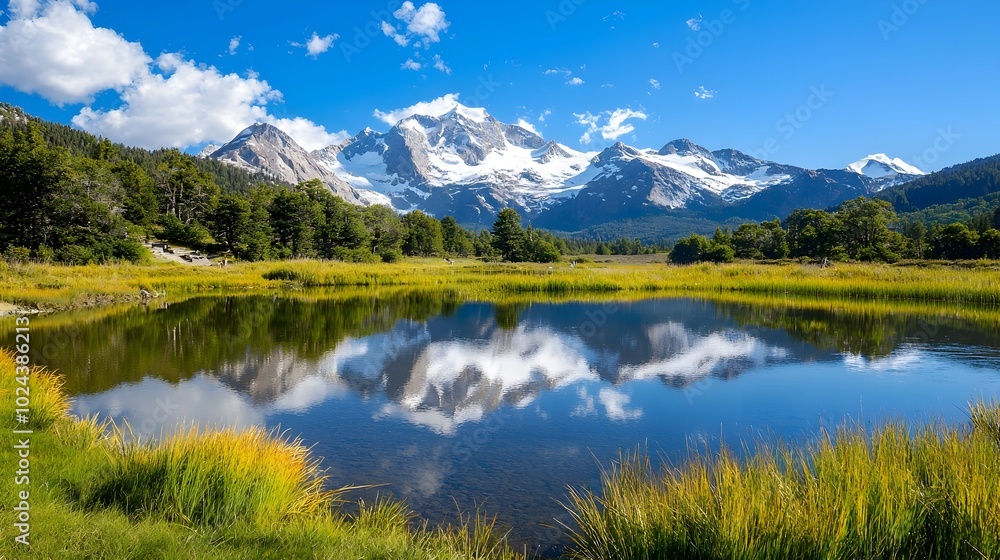 Breathtaking snow capped peaks reflected in the calm still waters of a pristine alpine lake creating a stunning and peaceful natural landscape Breathtaking snow capped peaks reflected in the calm still waters of a pristine alpine lake creating a stunning and peaceful natural landscape