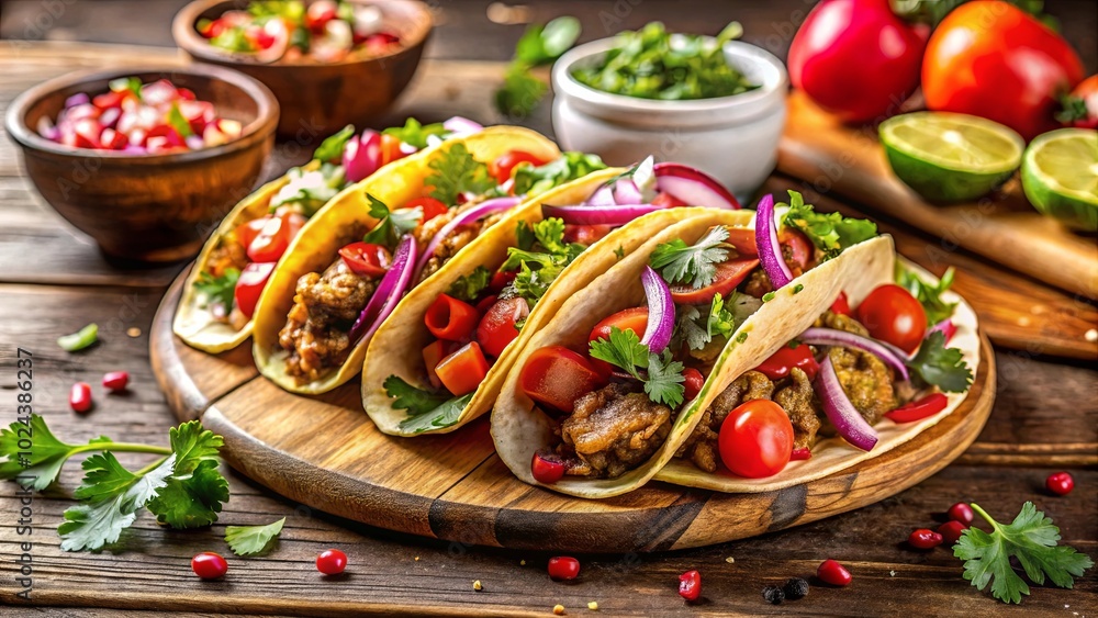 A Rustic Wooden Tabletop Display Featuring a Delicious Arrangement of Savory Tacos, Garnished with Fresh Greens, and Accompanied by a Side of Vibrant Red Salsa A Rustic Wooden Tabletop Display Featuring a Delicious Arrangement of Savory Tacos, Garnished with Fresh Greens, and Accompanied by a Side of Vibrant Red Salsa