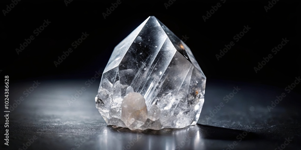 A crystalline prism of clear quartz, a mesmerizing spectacle of nature's artistry, sits proudly on a dark surface, its facets catching the light and reflecting a symphony of brilliance. A crystalline prism of clear quartz, a mesmerizing spectacle of nature's artistry, sits proudly on a dark surface, its facets catching the light and reflecting a symphony of brilliance.