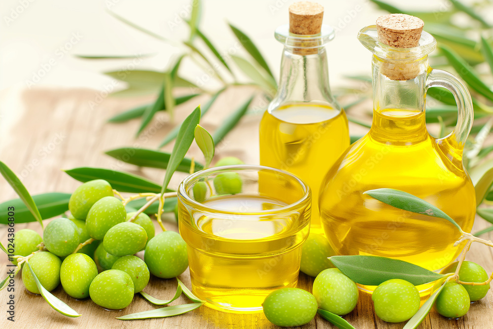 Fresh Green Olives and Olive Oil in Glass Bottles on Wooden Table Fresh Green Olives and Olive Oil in Glass Bottles on Wooden Table