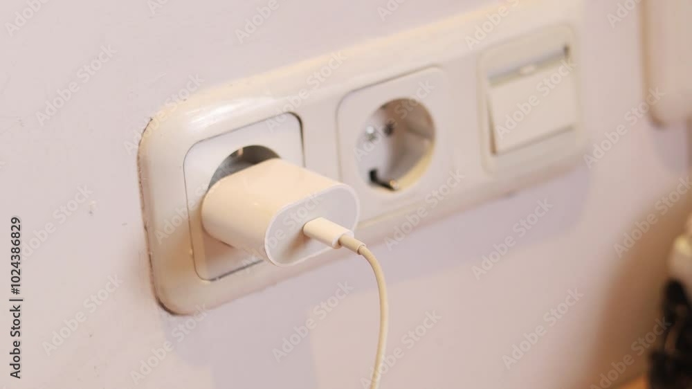 A hand pugging in a mobile phone charger into the wall power socket