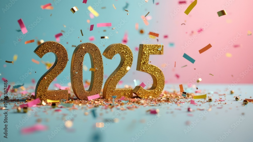 Celebratory 2025 Year with Confetti on Pastel Background Celebratory 2025 Year with Confetti on Pastel Background