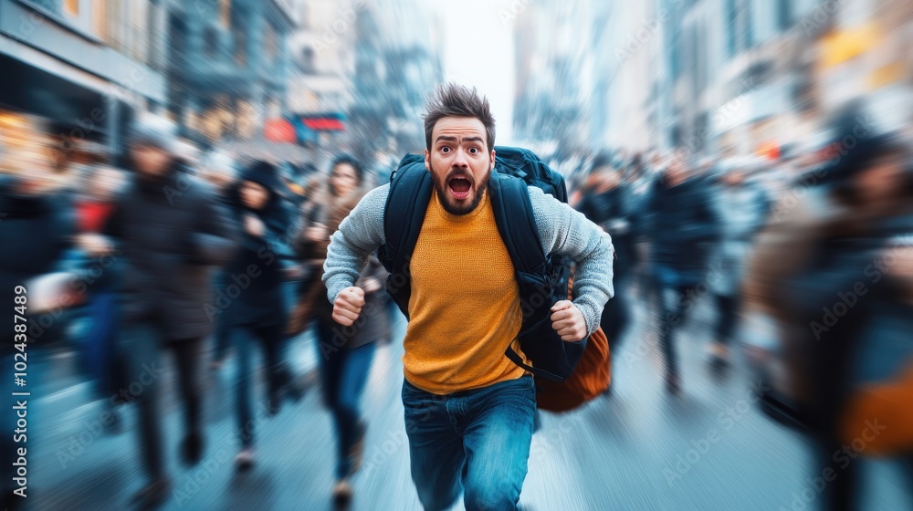 Excited Person Running Through a Crowded City Street Excited Person Running Through a Crowded City Street