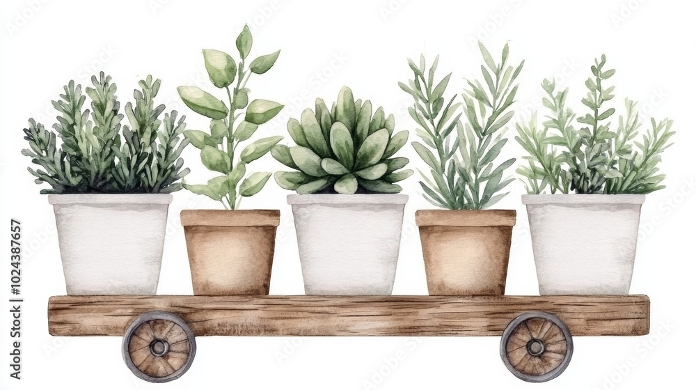 Watercolor Green Plants in Pots on Rustic Wooden Cart Watercolor Green Plants in Pots on Rustic Wooden Cart