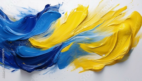 Deep blue and lemon yellow color oil brush stroke on white background