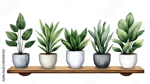 Watercolor Illustration of Five Green Potted Plants on a Wooden Shelf