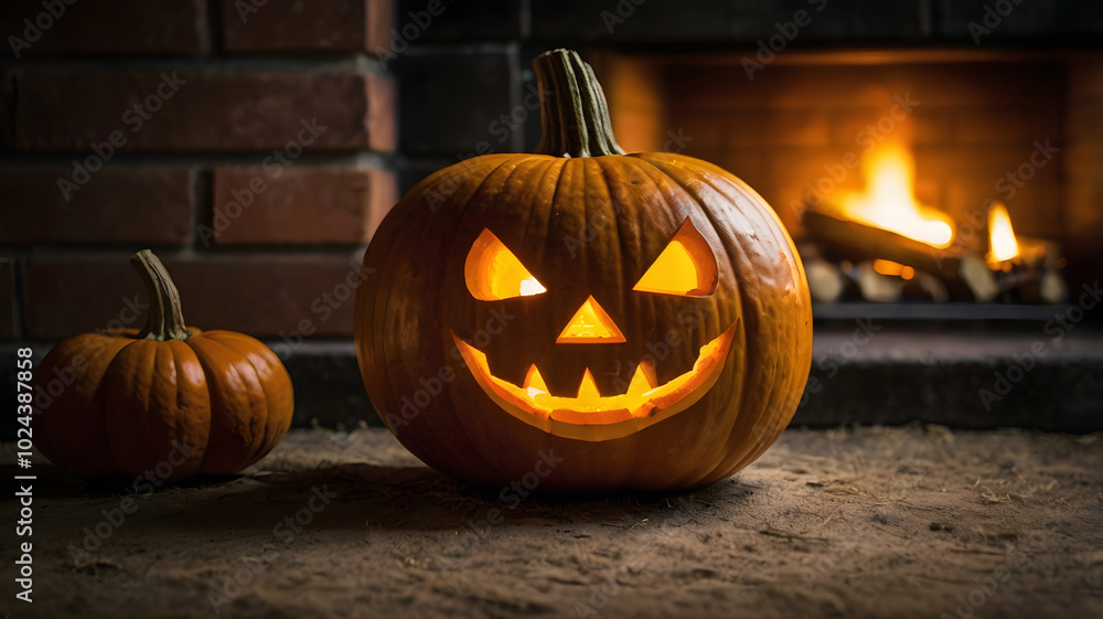 halloween pumpkin in the fireplace, jack o lantern, horro halloween pumpkin in the fireplace, jack o lantern, horro