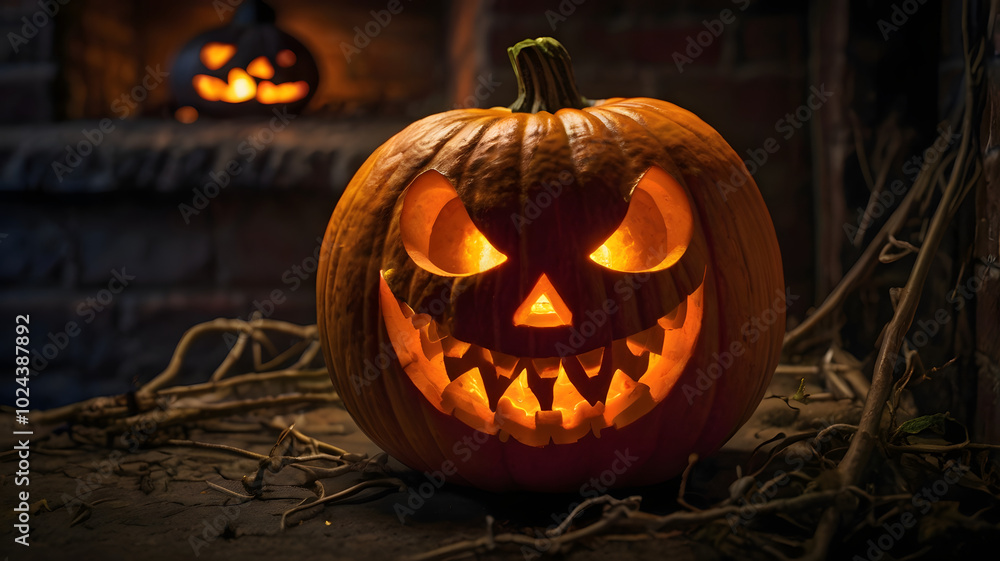 halloween pumpkin in the fireplace, jack o lantern, horro halloween pumpkin in the fireplace, jack o lantern, horro