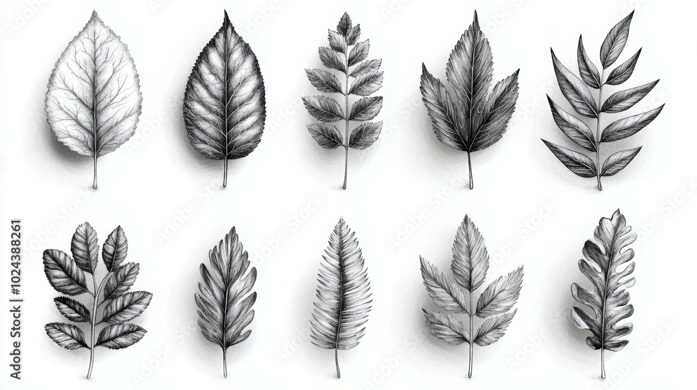 Hand Drawn Pencil Sketch of Various Leaf Shapes Hand Drawn Pencil Sketch of Various Leaf Shapes