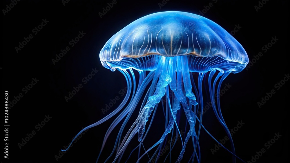 Fototapeta premium Blue iridescent jellyfish swimming in the sea with leading lines on a black background.