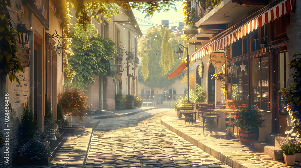Obraz premium Quaint Cobblestone Street Lined with Outdoor Dining Tables and Chairs 