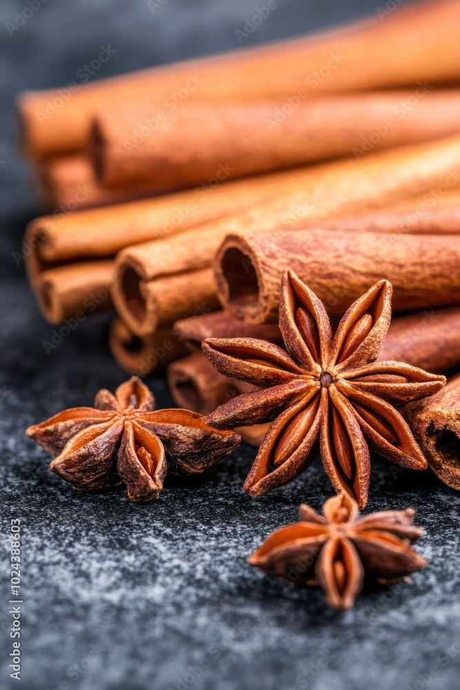 Aromatic cinnamon sticks star anise on dark textured background Aromatic cinnamon sticks star anise on dark textured background