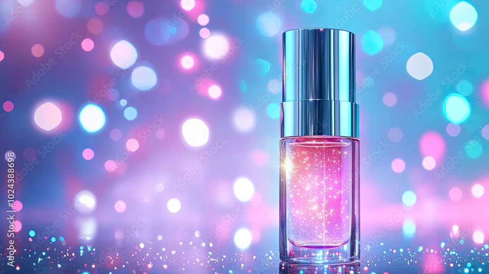 Luminous Neon Starry Background with Sparkling Bottle Luminous Neon Starry Background with Sparkling Bottle
