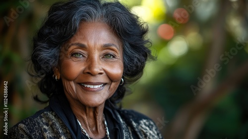 Woman with short hair and a black and white shirt is smiling. She has a green eye. elderly woman with dark skin, wavy black hair, a big smile, and green eyes, around sixty years old.