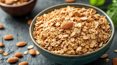 Healthy almond granola in bowl on dark background