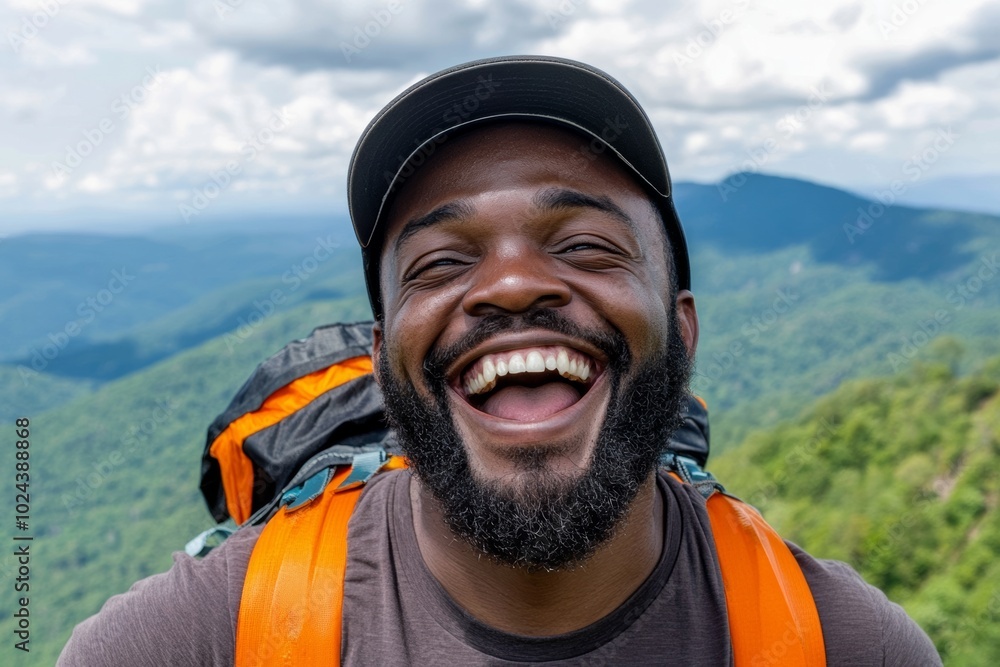 Man with a green hat and beard is smiling and wearing an orange jacket. He is wearing a backpack and he is enjoying the outdoors. man happy and smiling in the Appalachian mountains Man with a green hat and beard is smiling and wearing an orange jacket. He is wearing a backpack and he is enjoying the outdoors. man happy and smiling in the Appalachian mountains