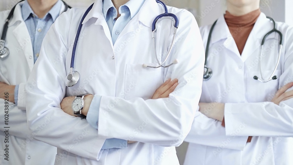 Group of doctors wearing white coats and stethoscopes standing with arms crossed. Medical team at work Group of doctors wearing white coats and stethoscopes standing with arms crossed. Medical team at work