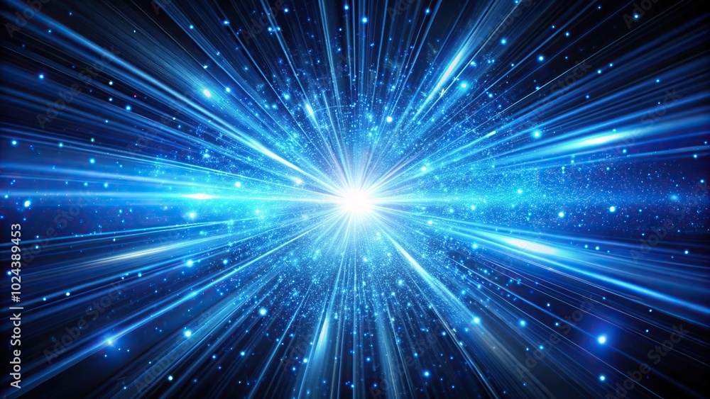 Naklejka premium Blue light speed effect with particles in dark space background forced perspective