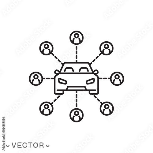carsharing icon, auto sharing for people, renting service, thin line symbol isolated on white background, editable stroke eps 10 vector illustration