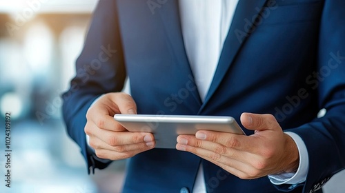 Stylish Man in Suit Using Tablet for Professional Tasks