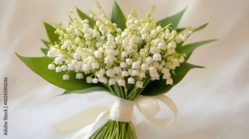 Lily of the Valley flowers in a delicate, hand-tied bouquet with a ribbon Lily of the Valley flowers in a delicate, hand-tied bouquet with a ribbon