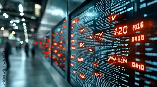 Macro close up view of a market ticker display showing declining red numbers and downward pointing arrows representing the volatile financial data and economic trends